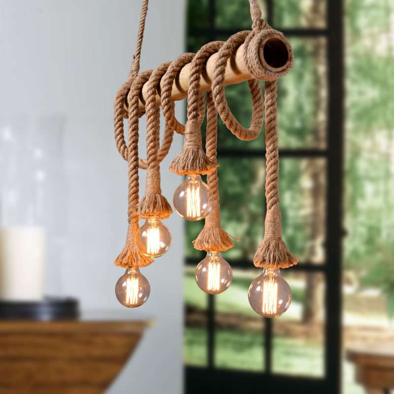 复古麻绳竹筒吊灯乡村吧台网咖田园餐厅农庄饭店个性创意装饰灯具