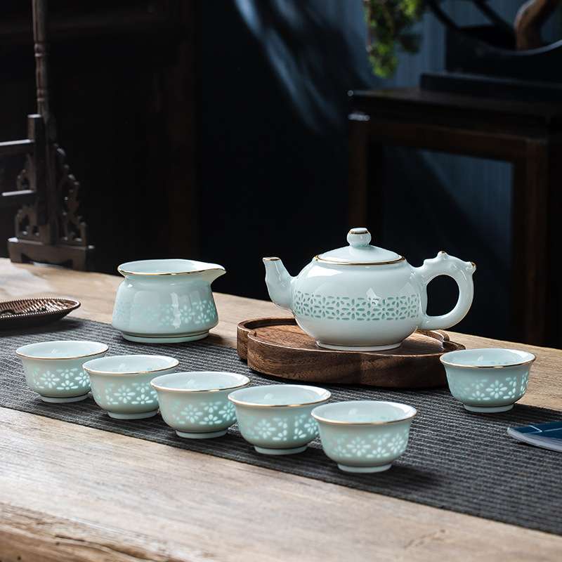 茶具整套装旅行高档端茶壶送礼景德镇泡茶青釉玲珑 青花玲珑镂空