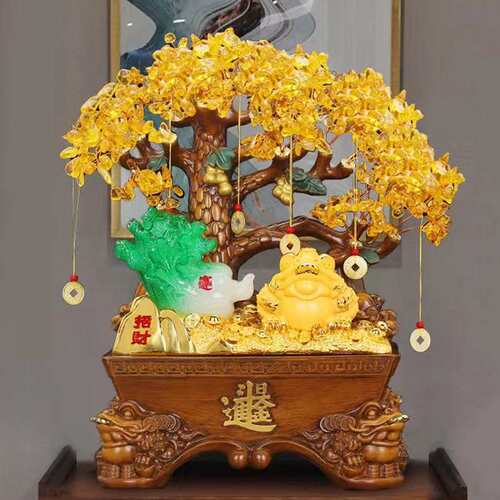 Rongsha Golden Crystal Wealth Tree Fortune Cat Ornament