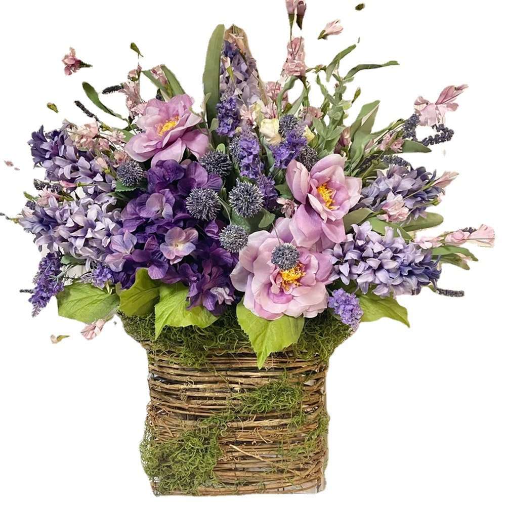 纵鸿春夏季节粉色浆果和野花门挂篮花环家居装饰野花门吊篮藤篮
