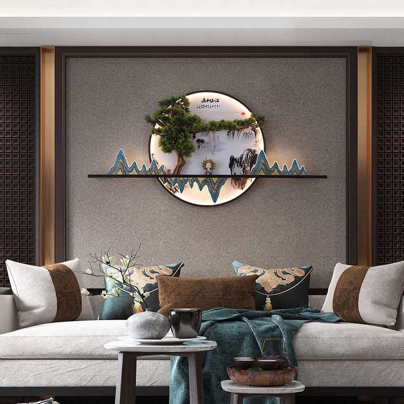 新中式壁画灯创意个性茶室圆形楼梯装饰挂画带灯玄关入户禅意灯具