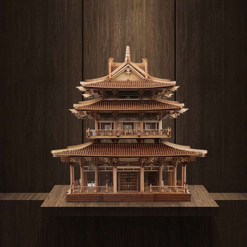 新中式创意木质古建筑摆件书房办公室招财摆设进门玄关软装饰品