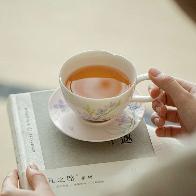墨己陶瓷花口手绘咖啡杯两件套家用下午茶杯花茶杯办公室马克杯