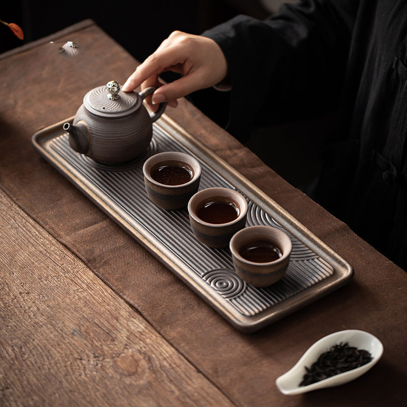 粗陶老岩泥茶盘复古鎏金干泡盘陶瓷茶台茶海长方家用茶托简约壶承