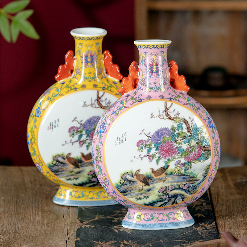 景德镇仿古花鸟花瓶家居客厅博古架中式装饰插花摆件送礼抱月瓶子