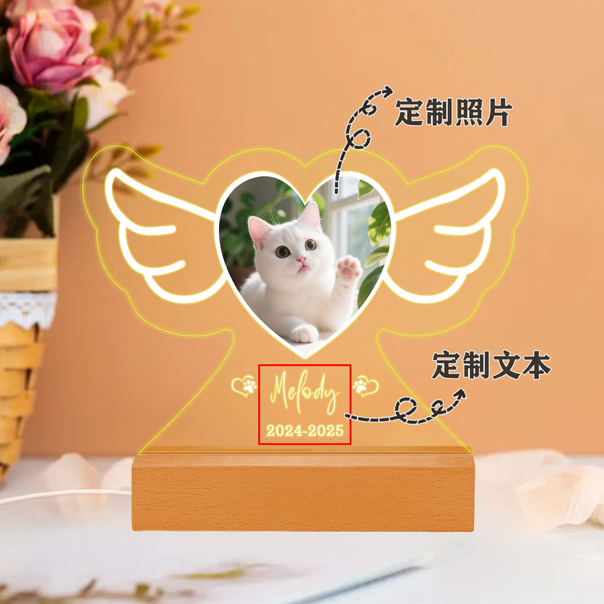 亚马逊爆款个性化宠物亚克力木制夜灯动物照片创意灯Etsy纪念牌匾