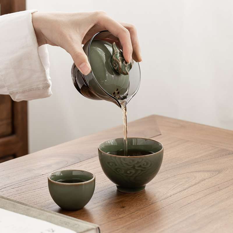 越窑青瓷快客杯一壶二杯户外便携式旅行茶具套装玻璃泡茶器印logo