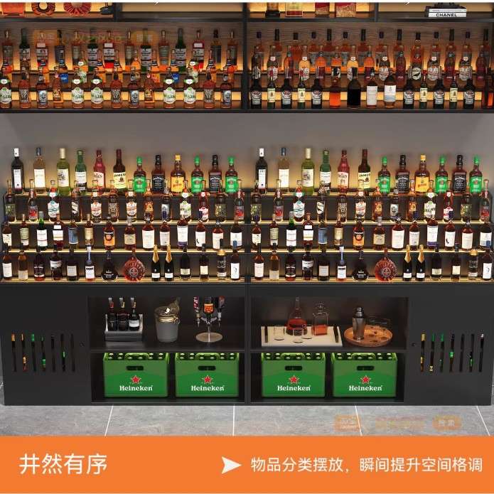 工业风阶梯酒吧酒架 吧台背景靠墙发光酒柜 商用餐厅酒水展示柜