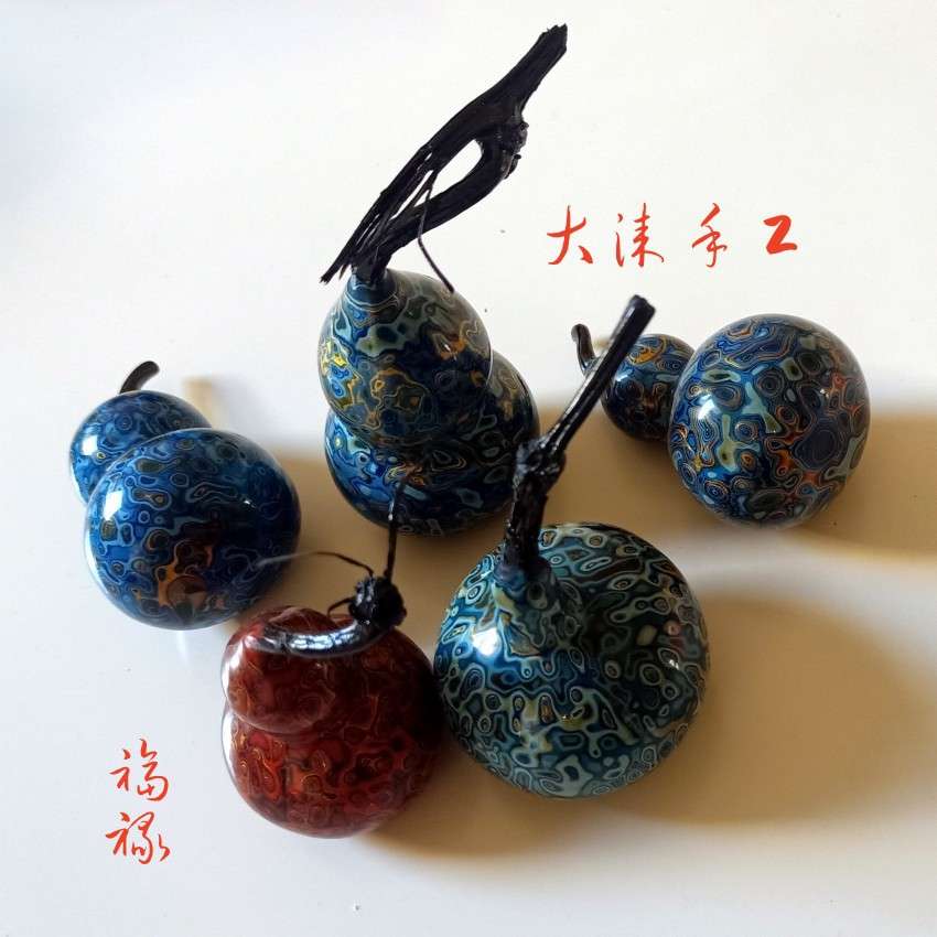 手工大漆犀皮葫芦 国漆犀皮工艺品摆挂件 非遗漆器金漆带龙头葫芦