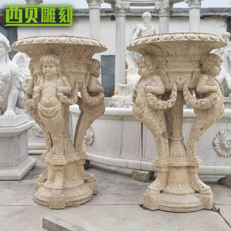 大理石欧式经典男孩浮雕图案花盆 欧式别墅大型花园 石雕花盆厂家