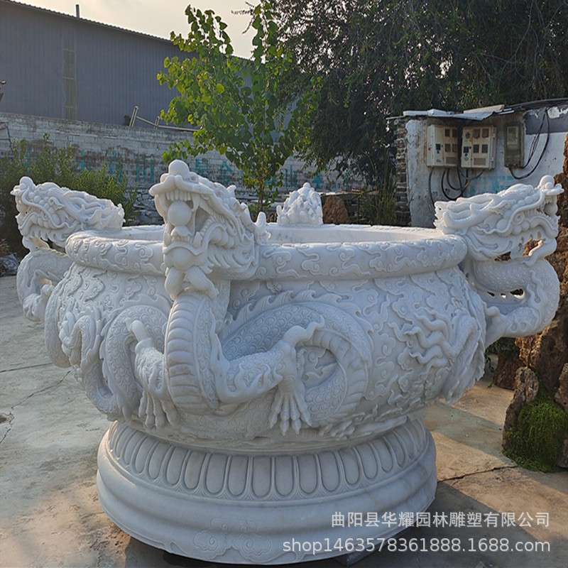 石雕汉白玉九龙缸汉白玉花盆鱼缸九龙壁浮雕龙缸庭院门海装饰摆件