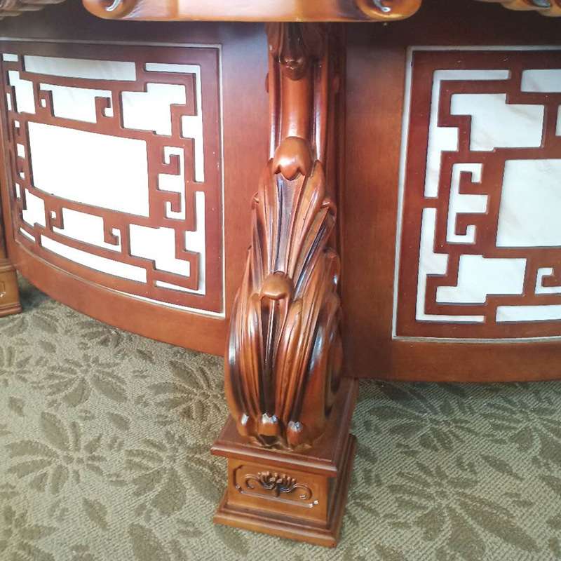 家用圆形餐桌 雕花橡木大圆饭桌 中式仿古餐桌椅组合带转盘