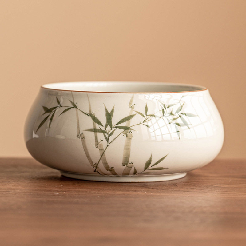 手绘翠绿文竹茶洗建水草木灰高档茶具配件茶海水盂大号特大茶渣缸