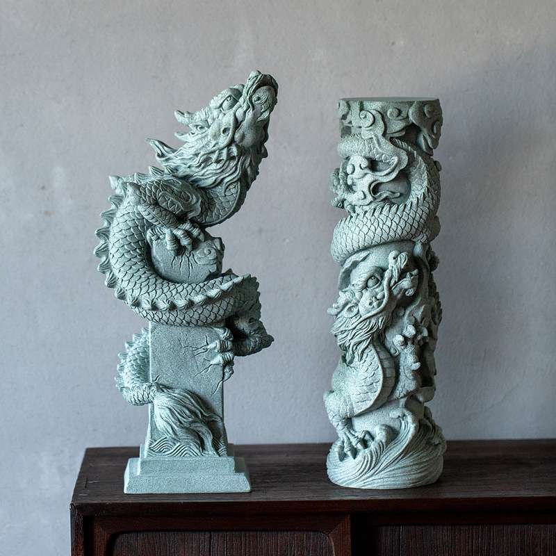 陶怡 中式创意国潮盘龙石柱 青砂石逗兽记家居装饰摆件鱼缸造景