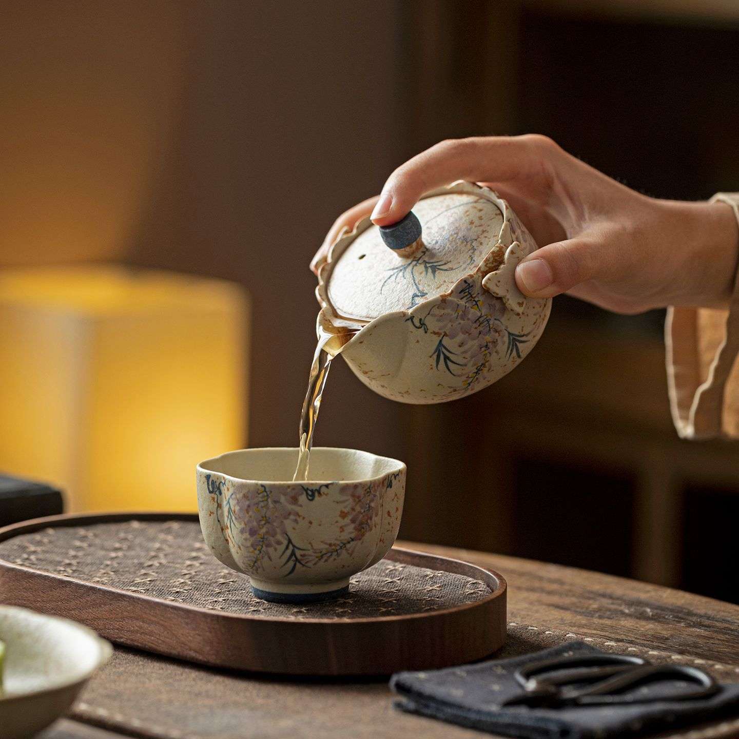 焦糖釉手绘紫藤系列陶瓷茶具盖碗茶壶手抓壶茶杯主人杯壶承公道杯