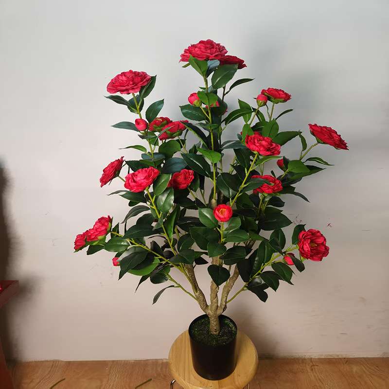 仿真茶花树山茶花人造绿植盆栽家居装饰落地 摆件室内轻奢仿真花