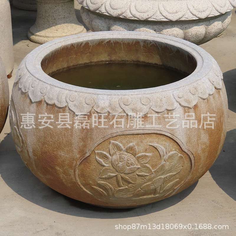 别墅庭院石缸 福建厂家出售水缸石雕摆件 仿古鱼缸锈石做旧圆鱼缸