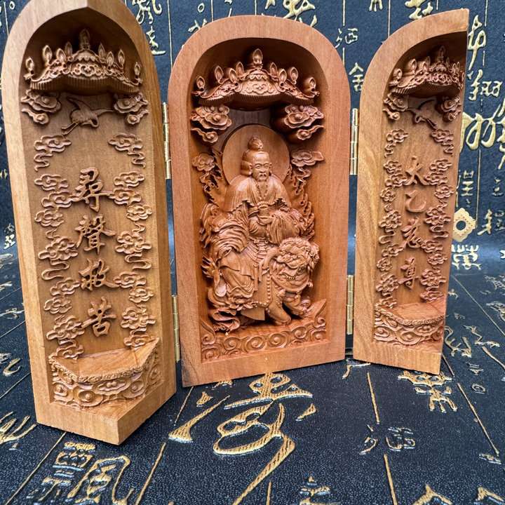 道家龙虎山发货精雕枣木太乙救苦天尊三开像太乙慈尊像摆件饰品