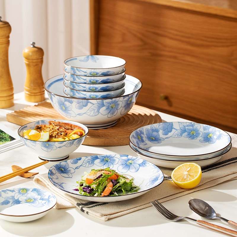 日式陶瓷餐具套装青梨花碗碟套装家用送礼景德镇釉下彩高温陶瓷