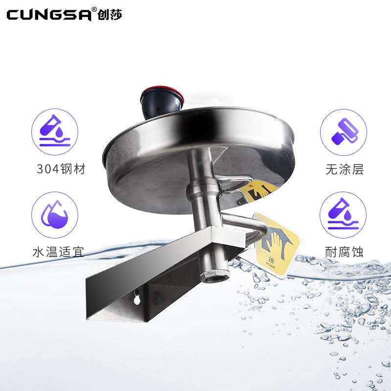 创莎304不锈钢壁挂式接墙组合式冲淋洗眼器验厂洗眼器双口洗眼器