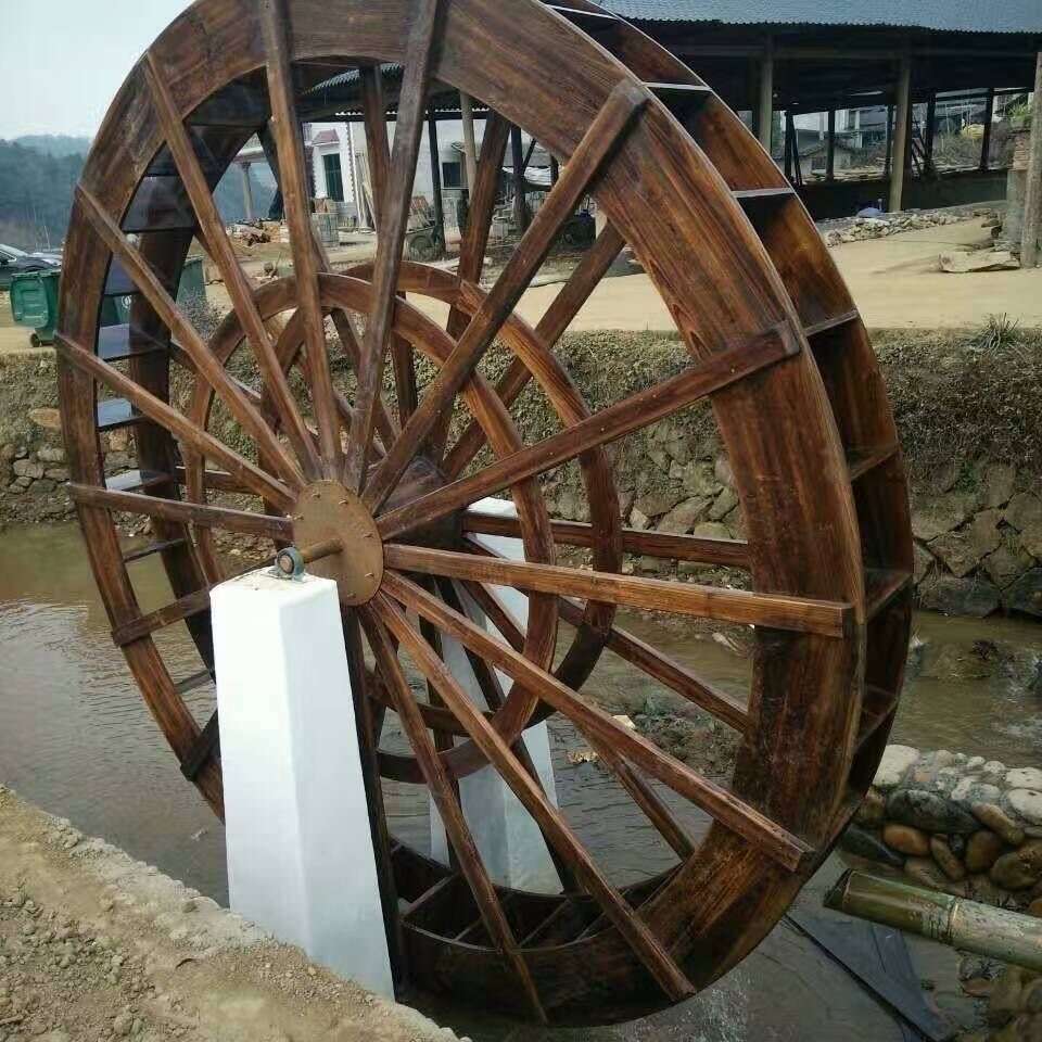 防腐木制水车大型子母轮风水轮手摇脚踏电动流水景观户外室外