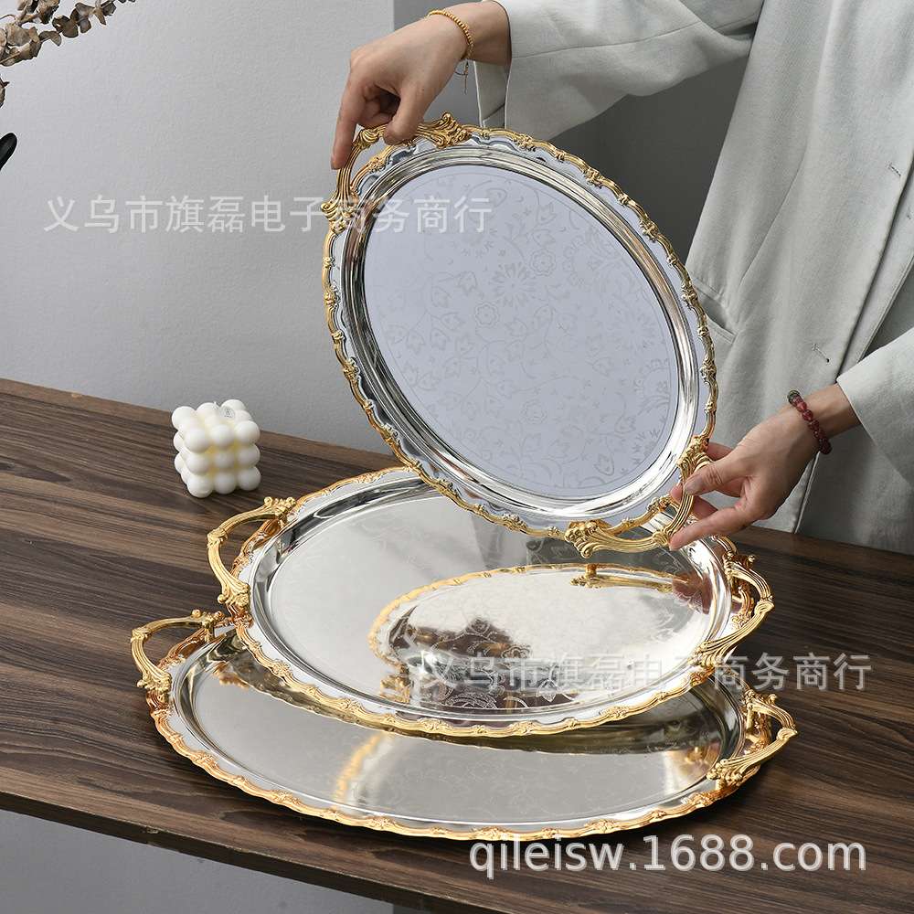 厂家新款银色金边水果盘欧式镀银复古工艺盘子酒店下午茶蛋糕托盘