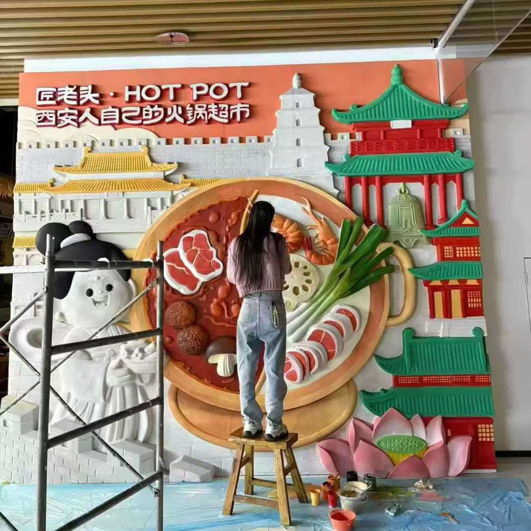 餐饮店入口影壁装饰摆件大型玻璃钢浮雕火锅店主题雕塑装修设计