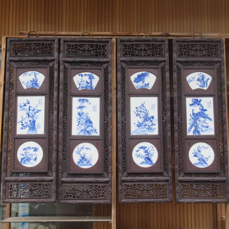 陶瓷瓷板画四条屏手绘青花山水花鸟图工艺画 古典中式墙壁装饰品