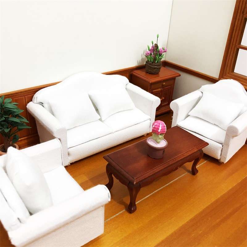 1：12娃娃屋迷你家具dollhouse清新白色沙发3件套带靠枕