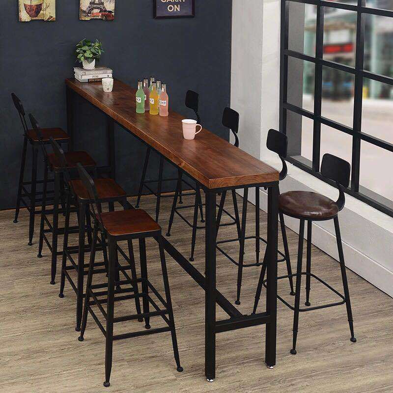 铁艺高脚桌椅组合奶茶店咖啡实木吧台餐桌高脚凳子美式简约现代