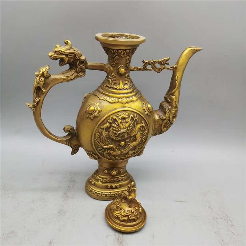 仿古纯铜双龙酒壶茶壶浮雕龙壶客厅家居装饰工艺品桌面摆件