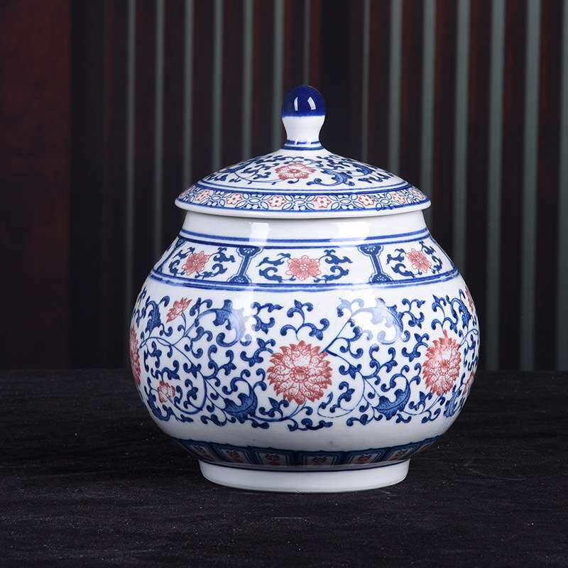 景德镇陶瓷工艺品 青花釉里红陶瓷储物罐 陶茶罐 日用陶瓷