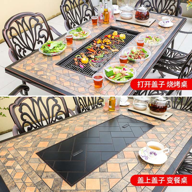 烧烤桌椅 瓷砖台电碳两用铸铝家用室外庭院露台花园铝艺长餐桌椅