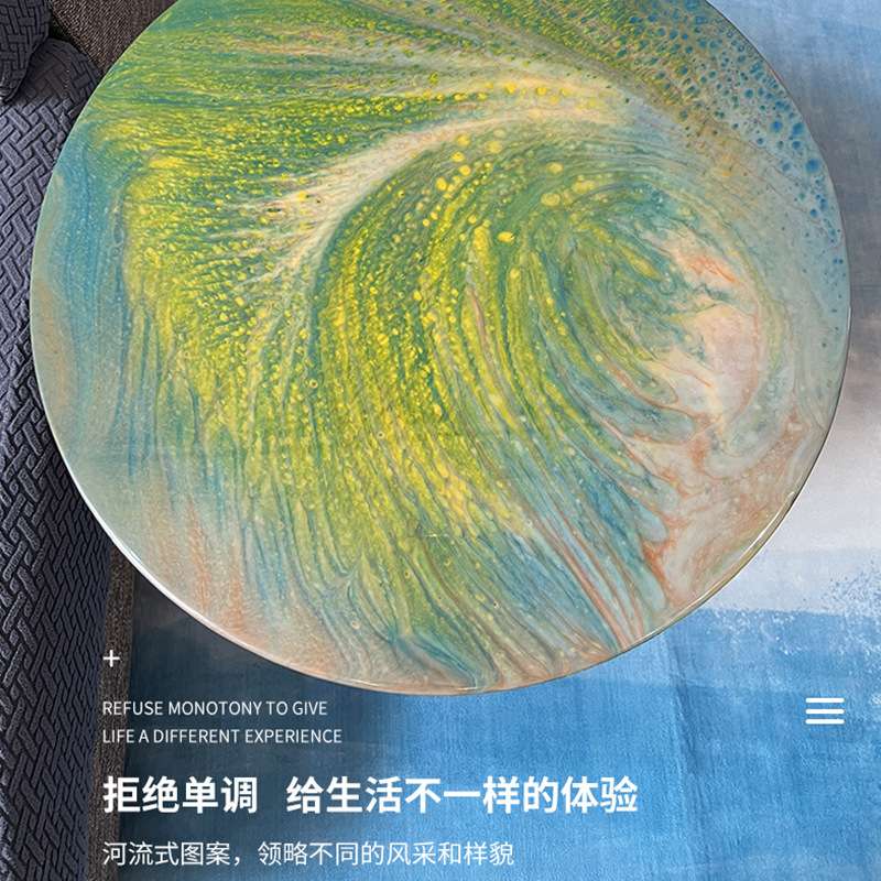 厂家直供 流体画边几 树脂大理石花纹圆桌现代创意简约客厅小茶几