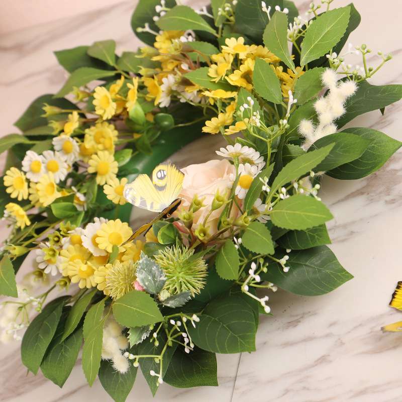 鸿禹 春季花环洋甘菊玫瑰花环仿真花家居花环塑料圈装饰门挂 跨境