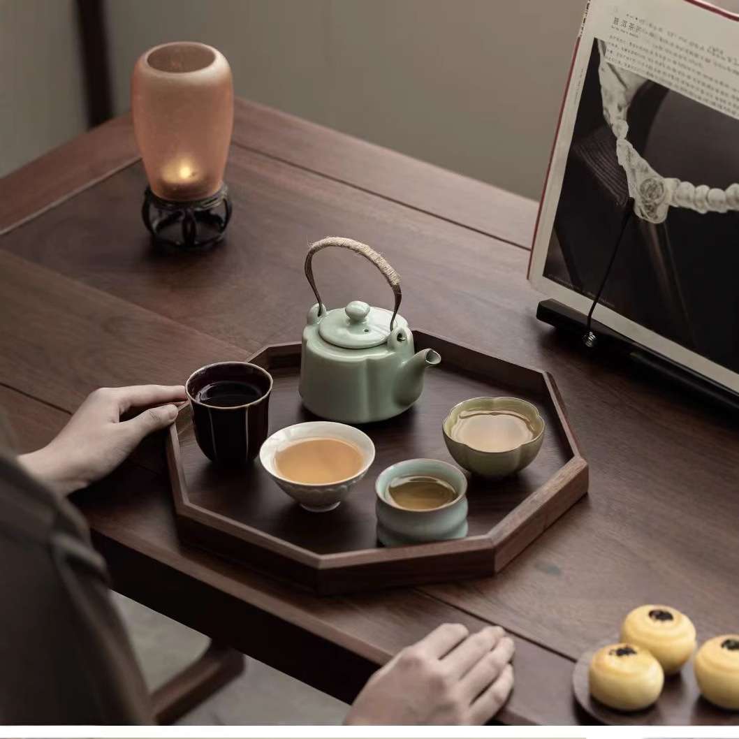 胡桃木色托盘家用八角形茶点盘茶杯餐厅茶具收纳盘实木餐盘