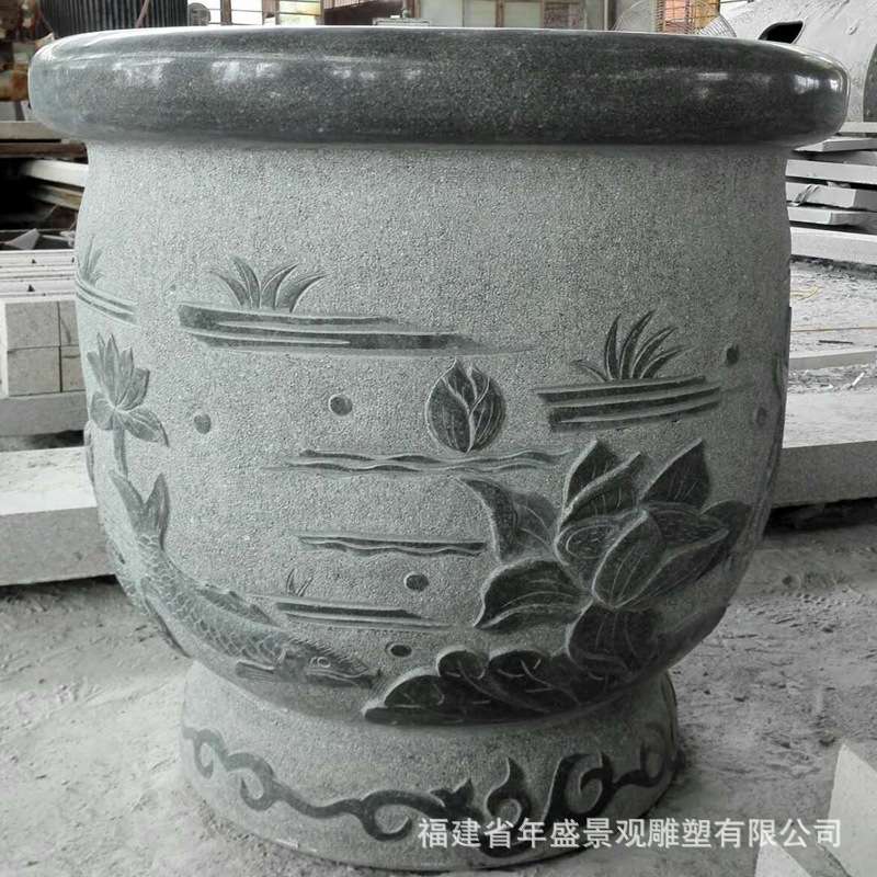 芝麻黑石材鱼缸 庭院景观雕塑植物睡莲水缸石雕花盆容器摆件
