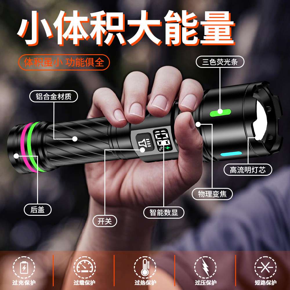 跨境新款便捷携带充电式手电筒户外多功能红蓝警示LED手电