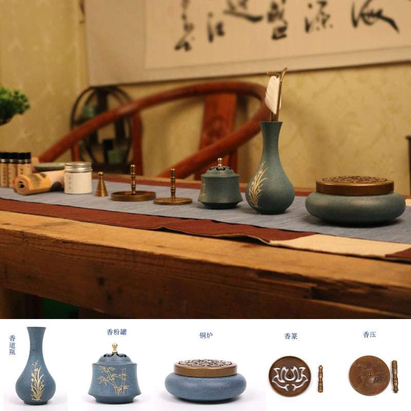 古法品香烧蓝香篆套装纯正铜香道工具香篆炉打篆熏香器香粉手绘