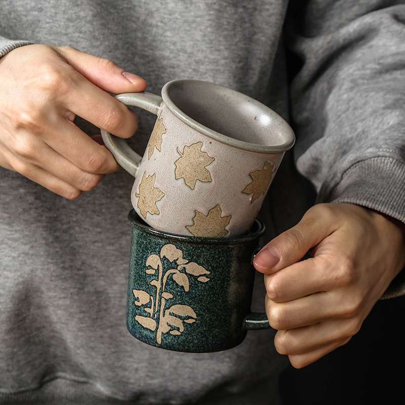美式窑变杯子粗陶复古咖啡杯季节好看的手绘陶瓷杯小号中古马克杯
