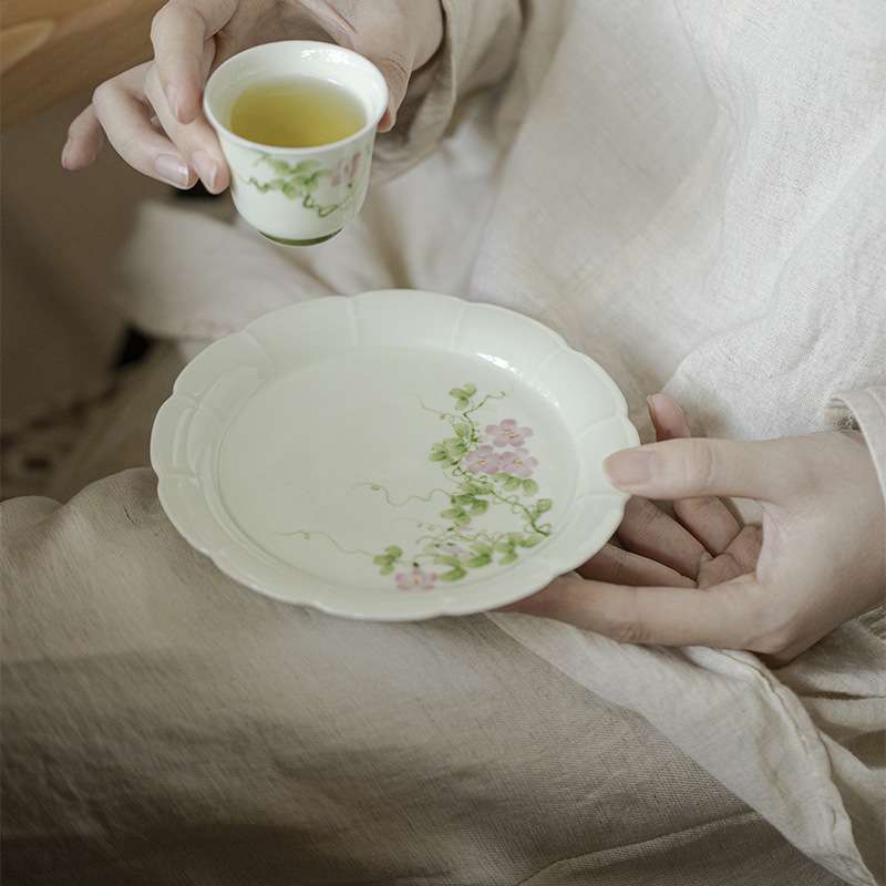 墨己小苍翠花边手绘牵牛花壶承茶道配件陶瓷盘多用茶点盘干泡盘