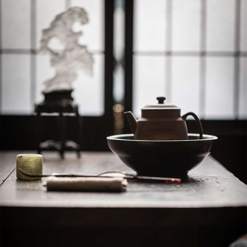 墨己 茶道配件陶瓷壶承 烫金仿古干泡台 铜配件茶壶底托 茶席摆件