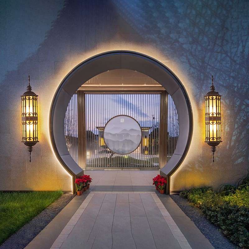 跨境新中式led壁灯玻璃纹理小夜灯户外别墅庭院灯照明灯具