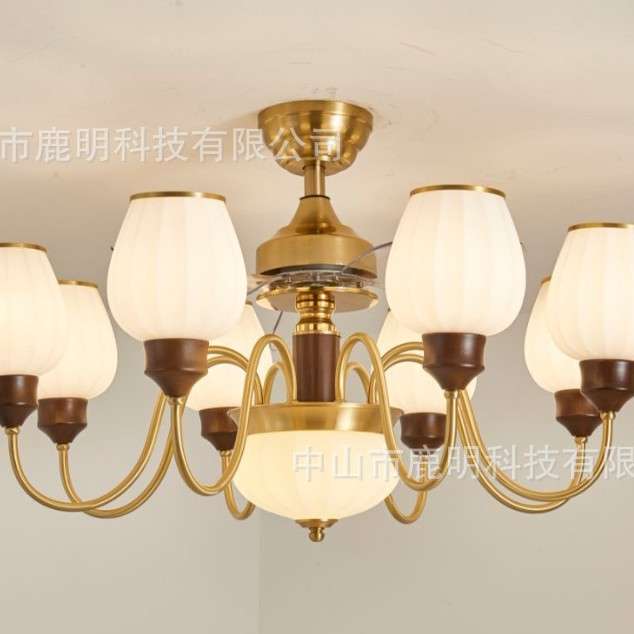 全铜中古风橡胶木风扇灯美式复古简约客厅卧室复式楼装饰风扇灯灯