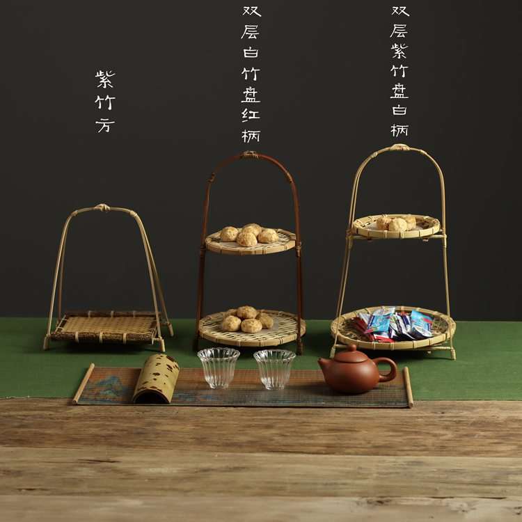 竹编吊篮茶道收纳篮子 手工可拆卸盛物竹篮 水果盘茶点心篮干果篮