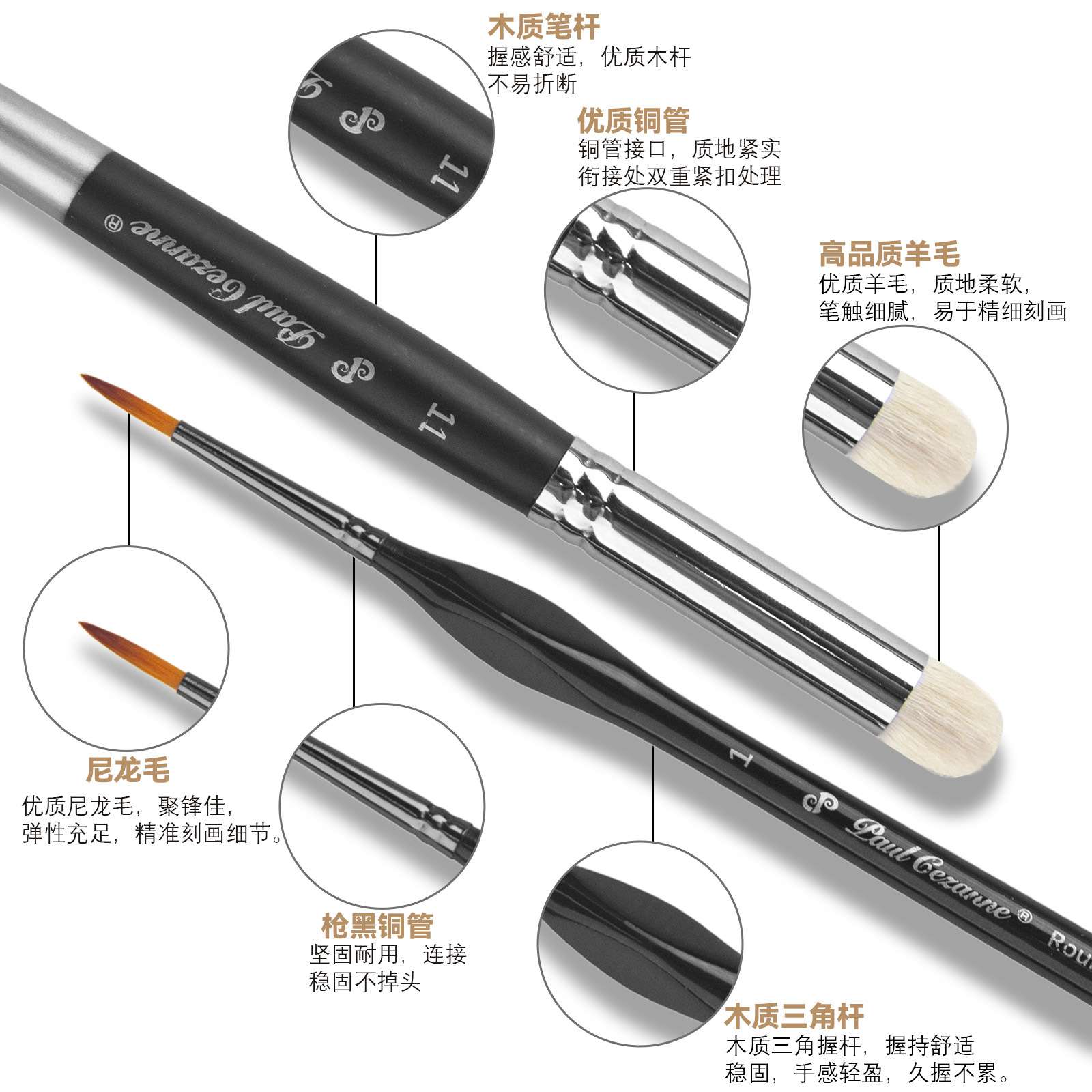保罗塞尚跨境黑色杆微缩模型细节刷套装专业工艺笔铜管勾线画笔