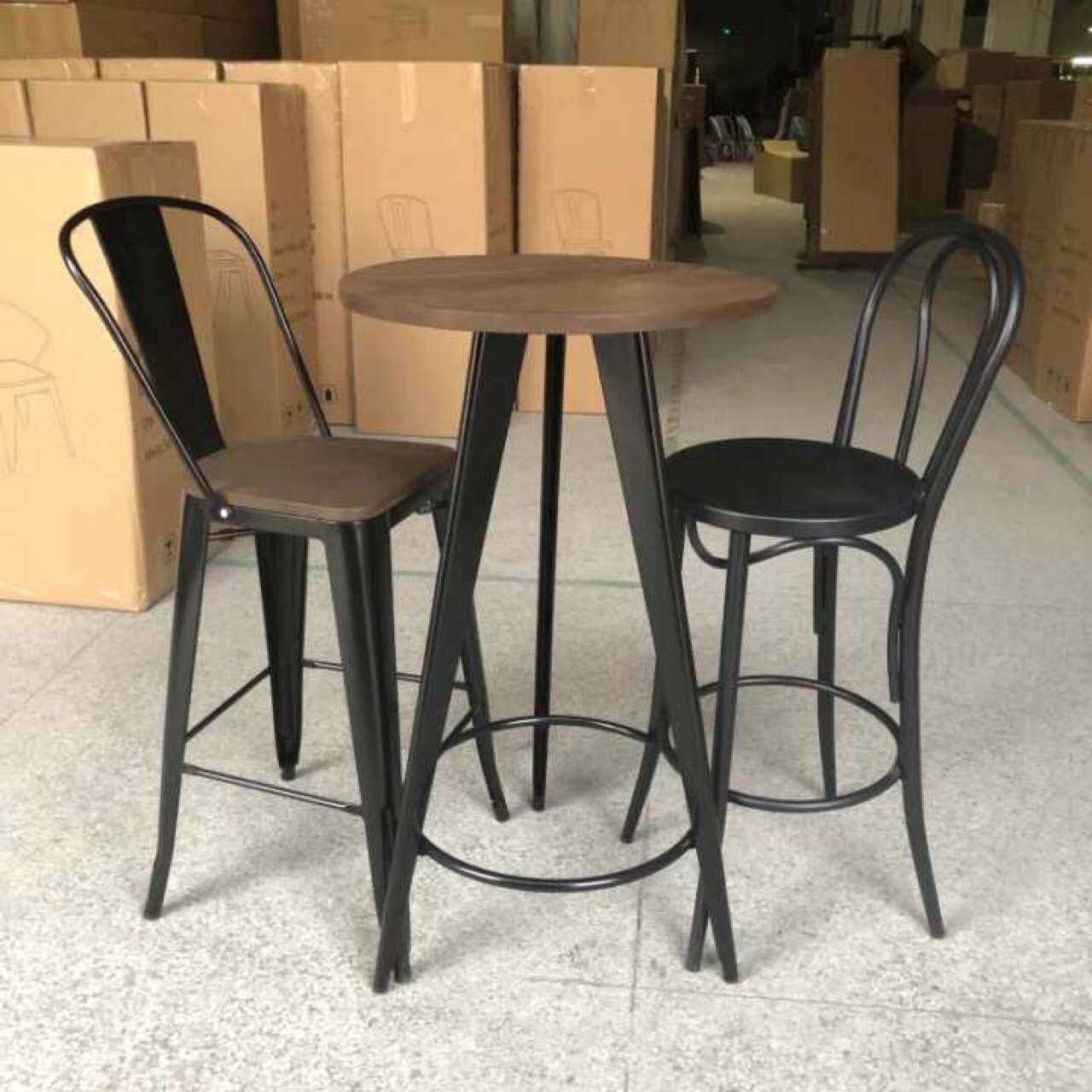 loft铁艺吧桌工业风美式圆形吧桌榆木简约吧台做旧复古创意高圆桌