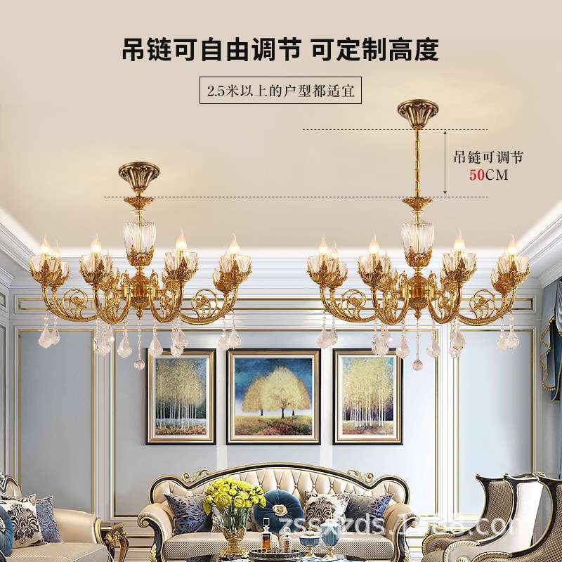 法式全铜吊灯客厅餐厅卧室新古典铜灯欧式别墅水晶灯蜡烛奢华灯具