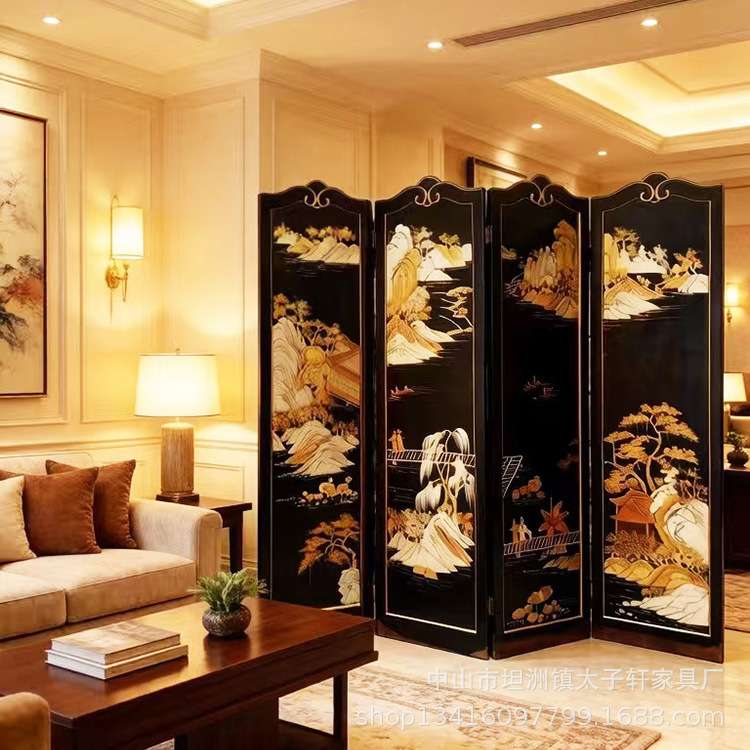 中式手绘描金屏风隔断客厅玄关法式中国风古典家具漆画隔屏欧式风
