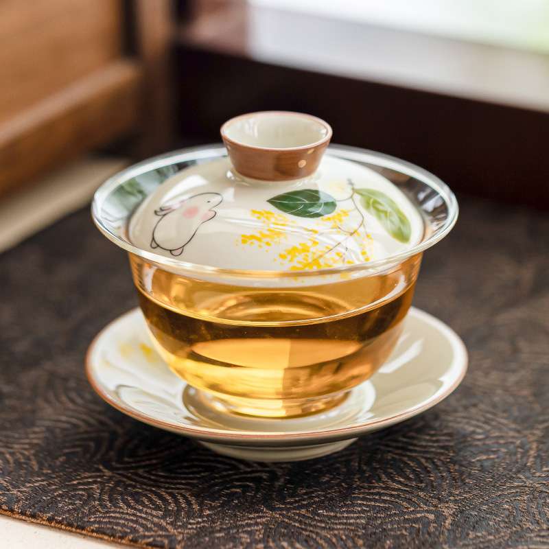 手绘金桂月兔三才盖碗单个大号茶碗带盖不烫手玻璃茶具中式敬茶杯
